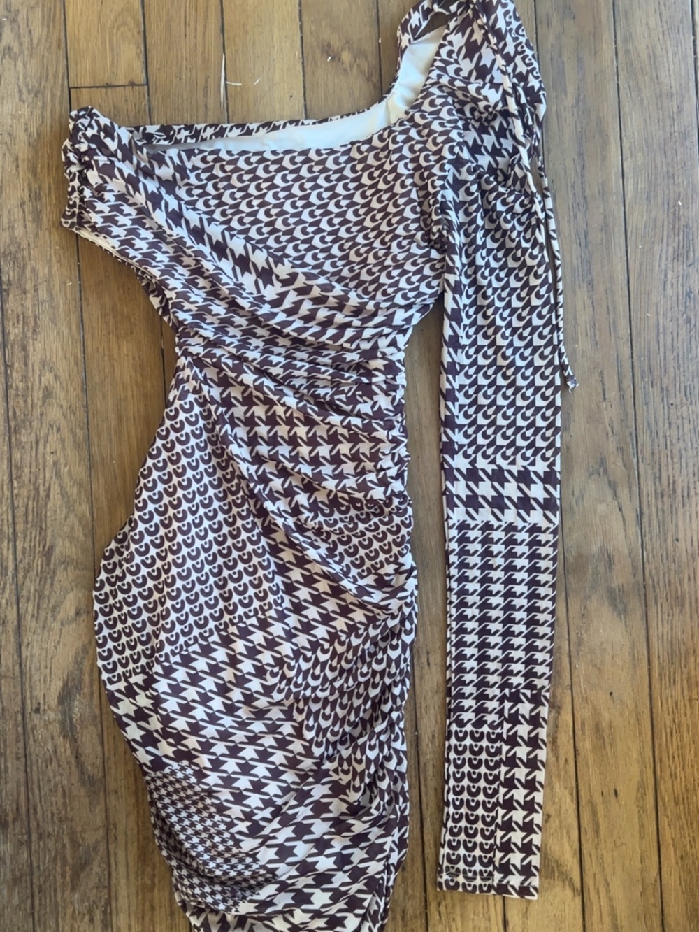 Ruched Mesh Houndstooth One-Shoulder Mini Dress